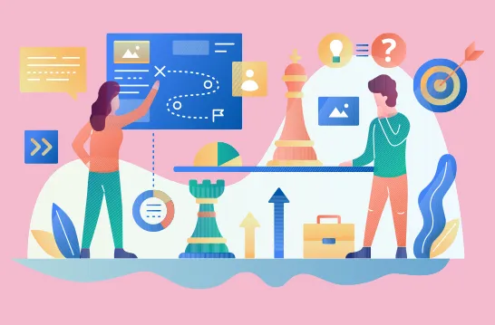illustration with two people and several chess pieces